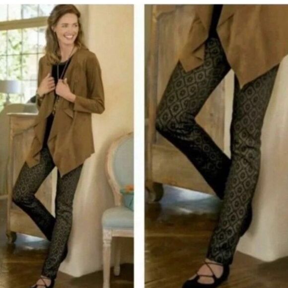 Soft Surroundings NWOT Black Gold Damask Print Ponte Stretch Pull-On Pants M - Picture 1 of 12